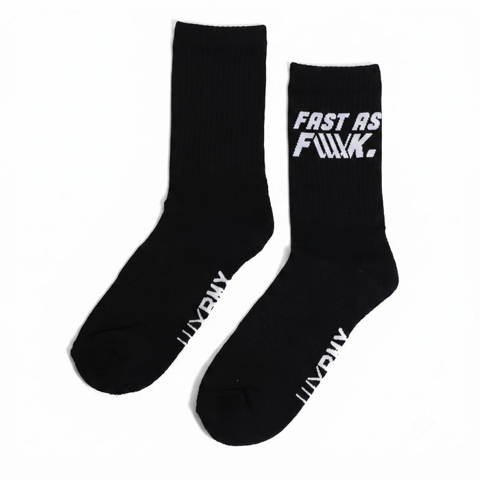 A pair of black LUXBMX FAF Race Crew Socks, featuring "FAST AS F\*\*K." on the upper side of one sock and "UNDRPLY" on the toes of both. These durable socks are ideal for BMX race sessions or everyday wear.