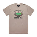 LUXBMX Eighty Eight Tee Faded Mushroom: A beige t-shirt featuring a black globe graphic, green hand symbol, "LUXBMX Store" text, and "Brisbane Australia" printed below the design—a subtle nod to Brisbane’s vibrant spirit and its iconic World Expo 88 heritage.