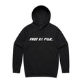 Introducing the LUXBMX FAF Hoodie / Black—a black mid-weight pullover hooded sweatshirt with a front pocket, boldly featuring "FAST AS F***." in white text across the chest and finished with the signature LUX flag logo.