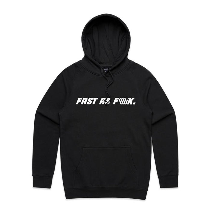 Introducing the LUXBMX FAF Hoodie / Black—a black mid-weight pullover hooded sweatshirt with a front pocket, boldly featuring "FAST AS F***." in white text across the chest and finished with the signature LUX flag logo.