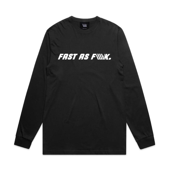 The LUXBMX FAF Long Sleeve Tee Black showcases the bold "FAST AS F**K." phrase in striking white capital letters across the chest and is finished with the signature LUX flag logo for a premium touch.
