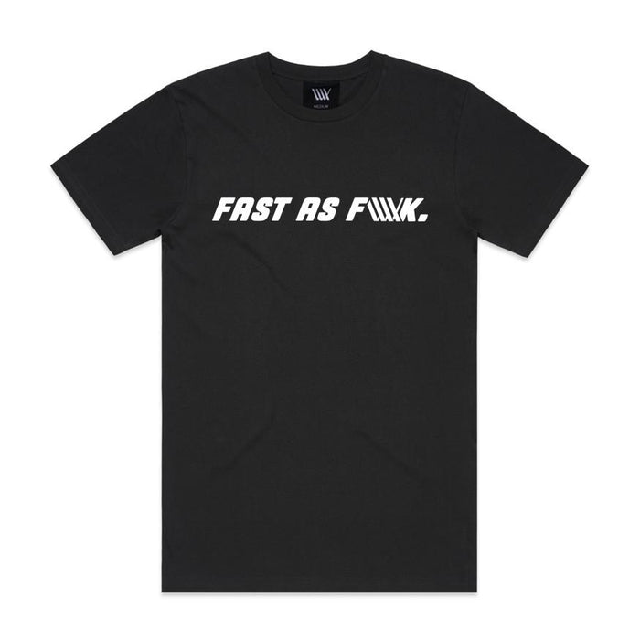 The LUXBMX FAF Tee Black is a classic-fit cotton crewneck featuring bold white "FAST AS F•••K" text, with the third word creatively stylized using three diagonal lines. Finished with the signature LUX flag logo, this tee offers standout style and comfortable everyday wear.