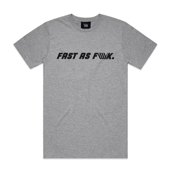 LUXBMX FAF Tee Grey Marle—classic-fit cotton crew in grey marle featuring bold "FAST AS F**K." text across the chest and a subtle LUX flag logo for a signature touch.