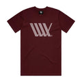 The LUXBMX Flag Tee Maroon is a heavyweight t-shirt with a light gray geometric logo on the chest, featuring overlapping lines forming an angular design.
