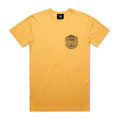 The LUXBMX Gold Tee Sunset is a yellow classic crew tee featuring a small black and gold "LUX BMX" badge on the left chest—a true Brisbane icon. It also includes a black neck label and no other visible designs.
