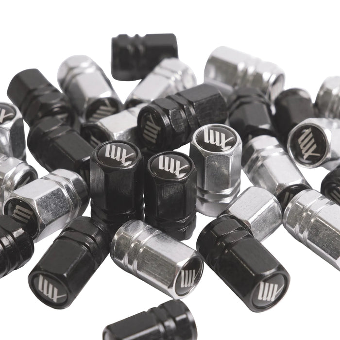 A pair of LUXBMX Hex Logo Alloy Valve Caps, featuring a black and silver machined finish and white "AM" logo—premium accessories perfect for adding custom style to your BMX ride.