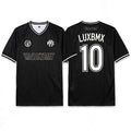 Black LUXBMX MMX Soccer Jersey - Custom Back Print shown front and back; front displays logos and "LUXBMX", while the back shows "LUXBMX" and number 10 in white. Ideal as a custom BMX or breathable cycling jersey for every ride.