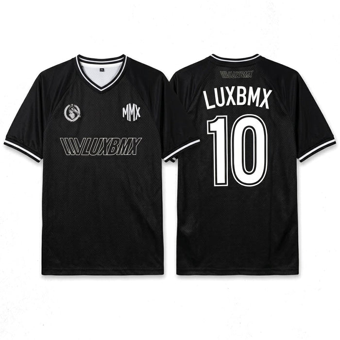 Black LUXBMX MMX Soccer Jersey - Custom Back Print shown front and back; front displays logos and "LUXBMX", while the back shows "LUXBMX" and number 10 in white. Ideal as a custom BMX or breathable cycling jersey for every ride.