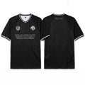 Front and back view of the LUXBMX MMX Soccer Jersey - Plain Back Print in black with white trim and logos "MMX," "LUXBMX," and a circular emblem. Pre-order this exclusive breathable BMX jersey now!.