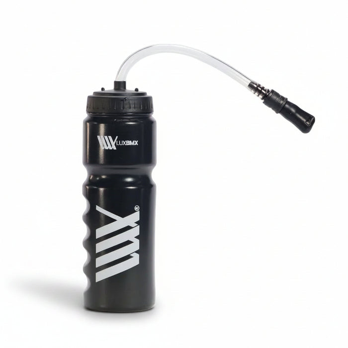 The LUXBMX Race Straw Water Bottle 750ml features a contoured grip, screw-on lid, and flexible straw. Made from BPA-free plastic, this black bottle keeps you hydrated during intense rides.