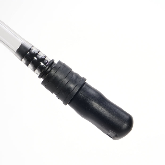 Close-up of a black plastic handle attached to a transparent rod from the LUXBMX Race Straw Water Bottle 750ml, photographed against a plain white background.