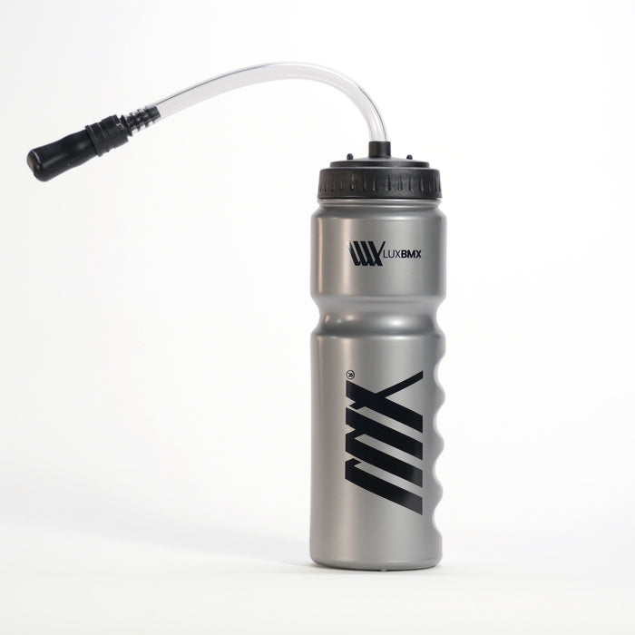 The 750ml LUXBMX Race Straw Water Bottle has a black screw-on lid, flexible bite-valve straw, and features "LUXBMX" and "MX" logos on the side.