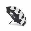 The LUXBMX Race Track Umbrella is black with bold white geometric patterns, double-stitched seams, and "LUXBMX" printed on one panel, shown against a plain white background.