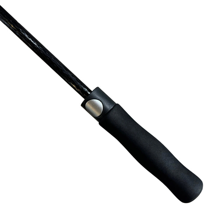 Close-up of the LUXBMX Race Track Umbrella featuring a black handle with a silver button and a long, black braided premium carbon pole, isolated on a white background.