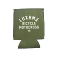 The LUXBMX Stubby Cooler / Bicycle Motocross is a green cooler featuring "LUXBMX BICYCLE MOTOCROSS" printed in white on the front.
