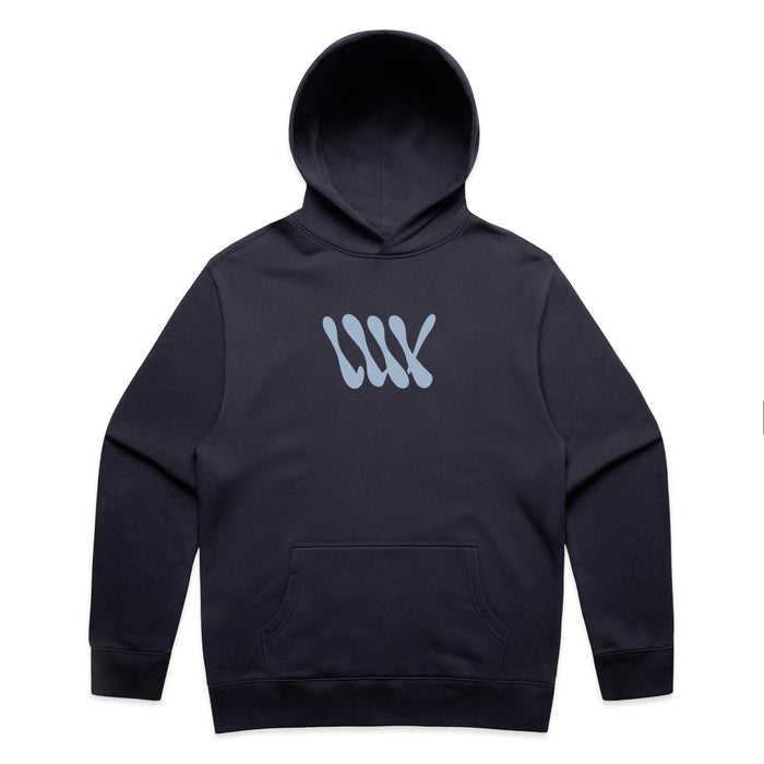 Introducing the LUXBMX Times Neue Hoodie Ink Blue—a heavyweight pullover fleece hooded sweatshirt in a sleek black shade, highlighted by a light blue abstract "MW" or "WW" logo on the front and a practical front kangaroo pocket. Displayed against a white background, this stylish hoodie is ideal for Bicycle Motocross enthusiasts who value both comfort and style.