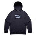 Introducing the LUXBMX Times Neue Hoodie Ink Blue—a heavyweight pullover fleece hooded sweatshirt in a sleek black shade, highlighted by a light blue abstract "MW" or "WW" logo on the front and a practical front kangaroo pocket. Displayed against a white background, this stylish hoodie is ideal for Bicycle Motocross enthusiasts who value both comfort and style.
