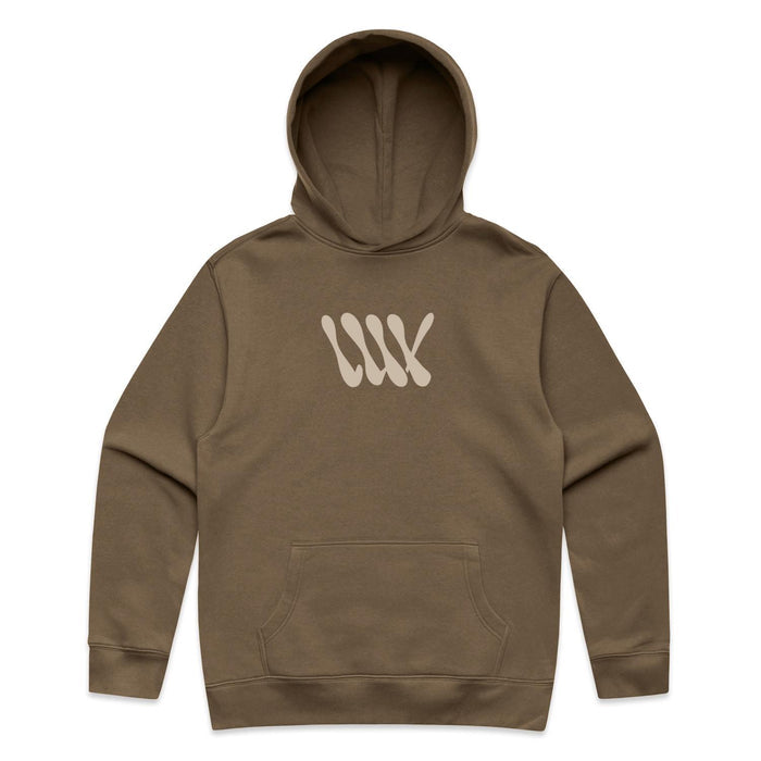 The LUXBMX Times Neue Hoodie Walnut is a heavyweight pullover fleece in brown, featuring a front pocket and a beige abstract "WW" print on the chest—an ideal choice for BMX enthusiasts who want both style and comfort.