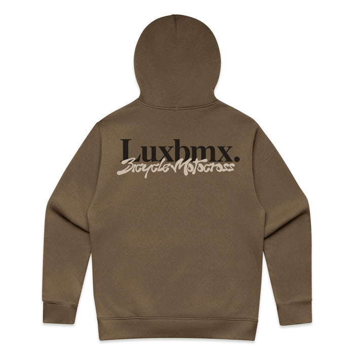 LUXBMX Times Neue Hoodie Walnut featuring "Luxbmx. Bicycle Motocross" printed in bold black and white on the back, crafted from heavyweight pullover fleece for ultimate comfort and durability.