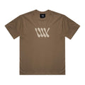 Introducing the LUXBMX Times Neue Tee Walnut—a heavyweight cotton t-shirt in rich walnut brown, featuring a beige abstract "WW" design on the chest and a matching logo tag inside the collar. This tee merges comfort and style, making it an essential addition to any BMX shirt collection.