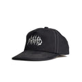 The Mahd - Metal Hat is a black 5 panel cap featuring white contrast stitching and an abstract white embroidered logo on the front.