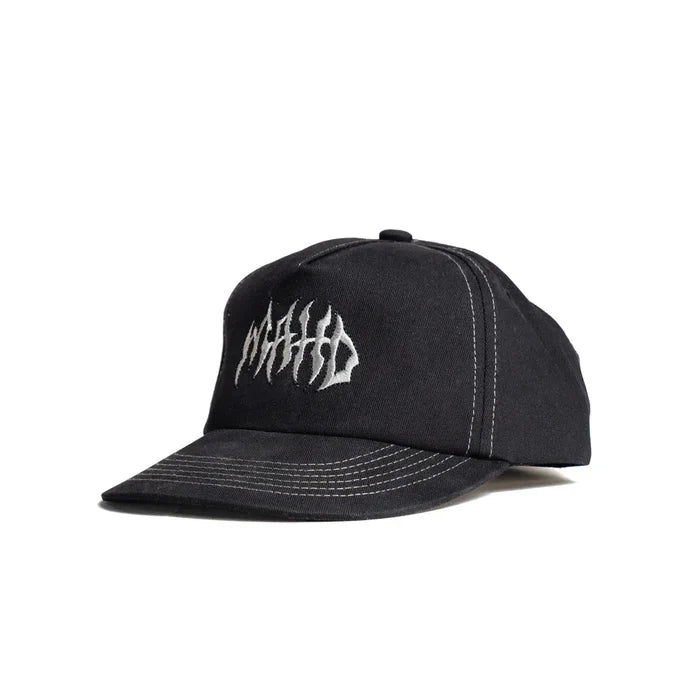 The Mahd - Metal Hat is a black 5 panel cap featuring white contrast stitching and an abstract white embroidered logo on the front.