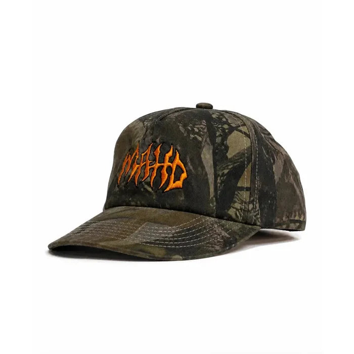 A stylish and comfortable 5 panel camouflage Metal Hat from Mahd, featuring "MAHD" embroidered in orange on the front.