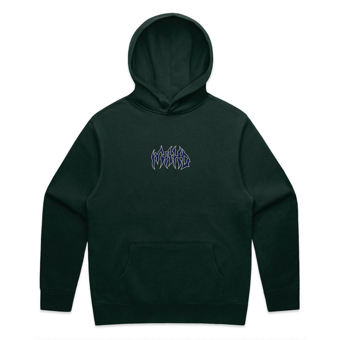 The Mahd Metal Hoodie is a black hooded sweatshirt featuring a small blue flame-style “WORLD” graphic centered on the chest.