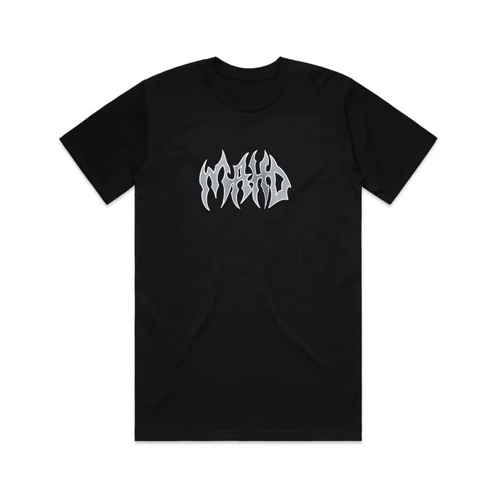 Mahd Metal Tee featuring a center logo with the word "MAYO" in stylized, flame-like white lettering on the chest.