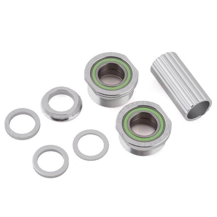 The MCS Euro BB Set includes two threaded cups with sealed cartridge bearings, three washers, a spacer, and a silver installation tool, all shown neatly arranged on a white background.
