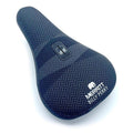 The Merritt Billy Perry Pivotal Seat features a blue herringbone canvas cover, white Merritt logo, and "Billy Perry" text for stylish durability—perfect for any BMX rider seeking the Billy Perry Signature look.