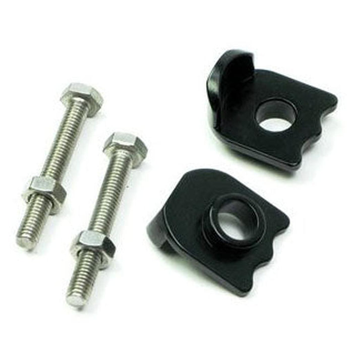 The Meybo Holeshot Chain Tensioner Kit (10mm Axle for 15mm Drop Outs) includes two metal bolts with nuts and two black mounting brackets with circular and semicircular cutouts, shown on a white background.