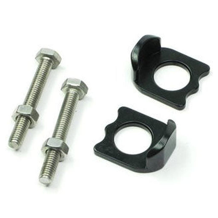The Meybo Holeshot Chain Tensioner Kit 15mm Axle for 15mm Drop Outs includes two bolts with nuts and two black metal brackets with circular holes, shown on a white background—ideal for your Meybo Holeshot setup.