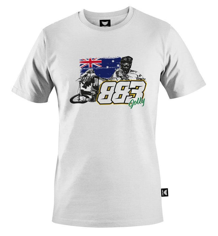 Show your Aussie pride with the Meybo Josh Jolly T-Shirt. This white tee showcases an Australian flag, dynamic illustrations of a bird and rider, the number 883, and “Jolly” in green—capturing the vibrant spirit of an Australian champion. Celebrate world-class energy with this unique Meybo design.