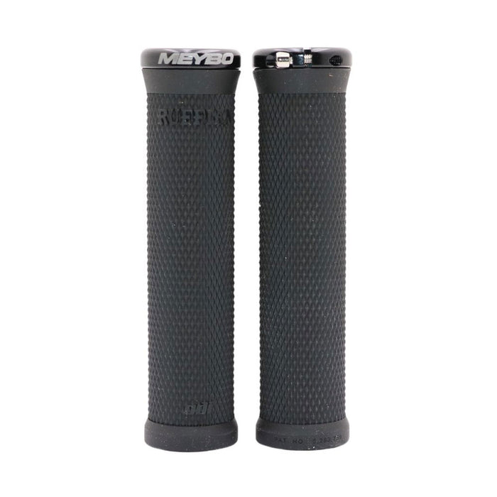 A close up of a handlebar with Meybo ODI Ruffian V2.1 Lock On Grips for enhanced traction.