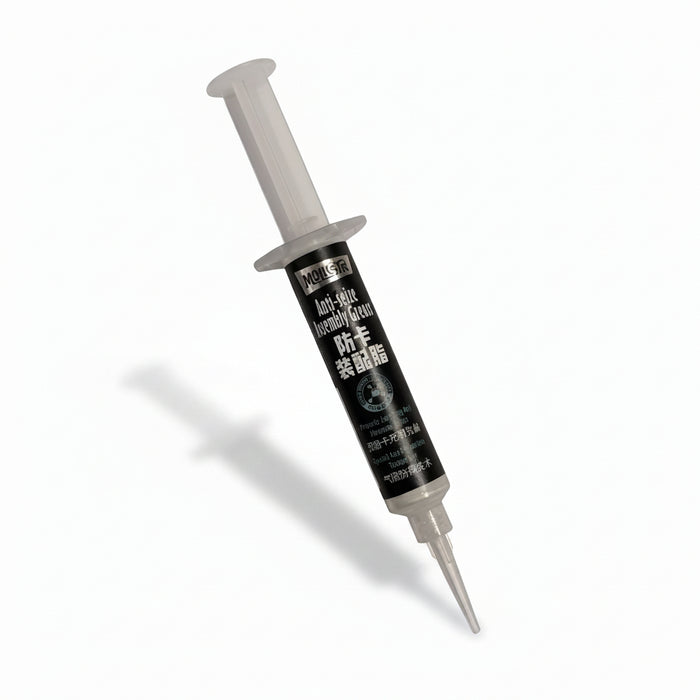 A syringe-style tube labeled “MolicSYN Prime Anti-Seize Grease (5g),” featuring both English and Chinese text, sits on a white background. This anti-seize assembly grease is designed to provide reliable performance for precision applications.