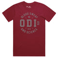 The ODI Token T-Shirt is a red, ring-spun cotton jersey with "Blood Sweat and Science ODI Co MFG" boldly printed on the front, ideal for riders who want to make a statement.