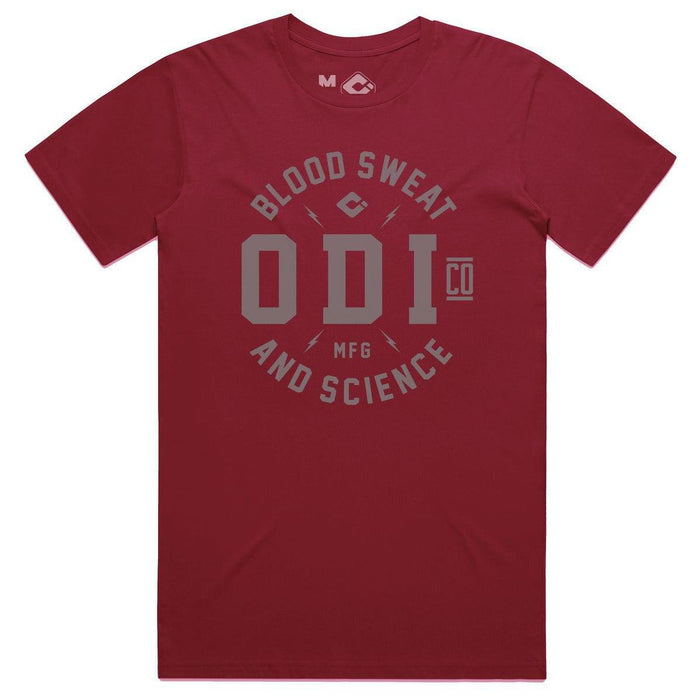 The ODI Token T-Shirt is a red, ring-spun cotton jersey with "Blood Sweat and Science ODI Co MFG" boldly printed on the front, ideal for riders who want to make a statement.