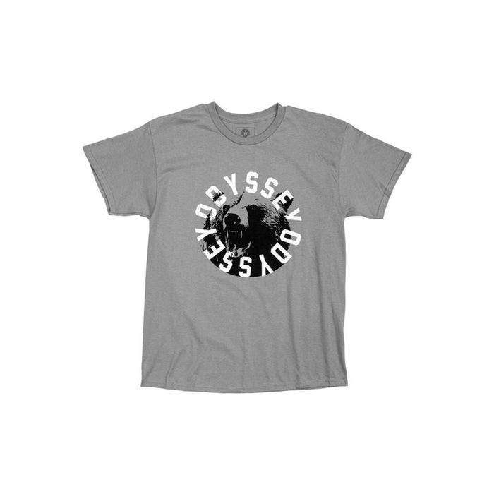 The Odyssey Bear Central T-Shirt features a roaring bear graphic with bold "ODYSSEY" lettering—an ideal gray tee for those wanting a stylish nod to local fashion.