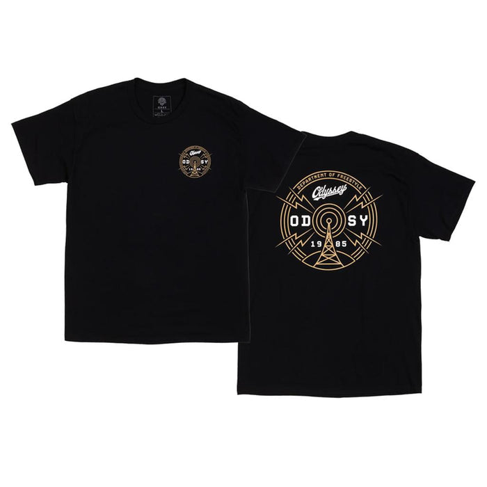 The Odyssey Frequency T-Shirt is a black short-sleeve tee with a small gold graphic on the front left chest and a large matching "Odsy 1985" and "Chase" design on the back for an authentic streetwear style.