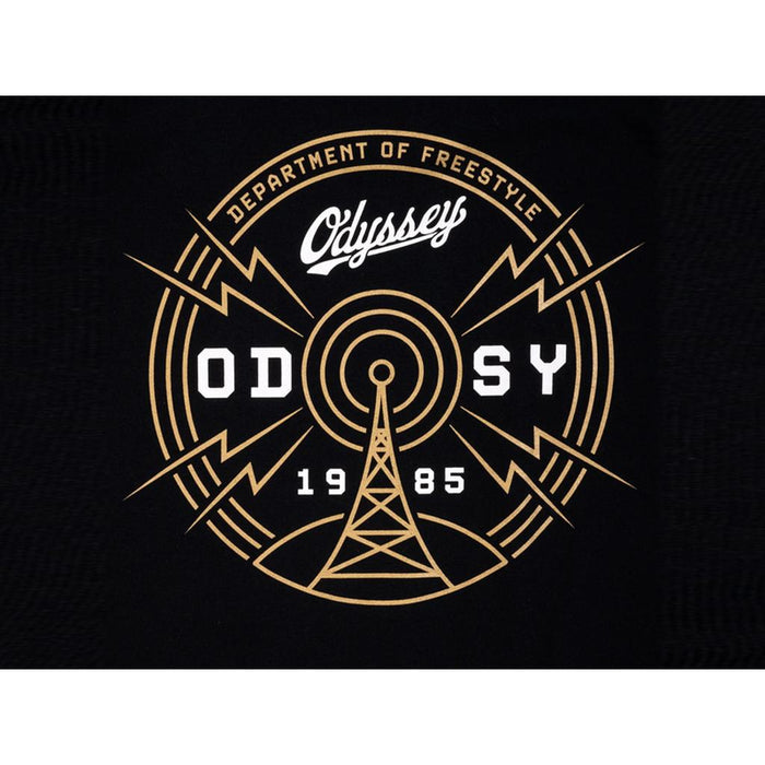 Graphic of a radio tower with "Odyssey," "Department of Freestyle," and "1985" in bold, radiating lines, geometric shapes, and frequency vibes—make the Odyssey Frequency T-Shirt an essential addition to your collection.