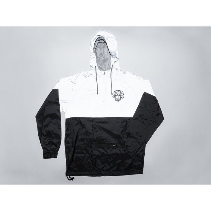 The Odyssey Monogram Windbreaker is a black and white hooded lightweight jacket, featuring a front pocket and zipper. Made from 100% polyester fabric, it showcases a logo on the chest area, making it perfect for keeping you stylish and comfortable in any weather.