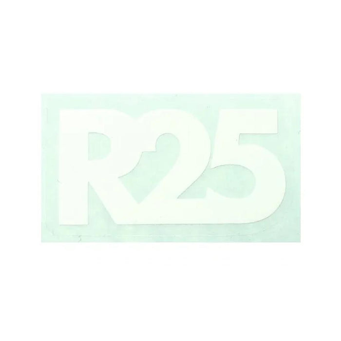 White “R25” text on a light blue rectangle, designed as the Odyssey R25 Fork Decal—ideal for replacement or customization.