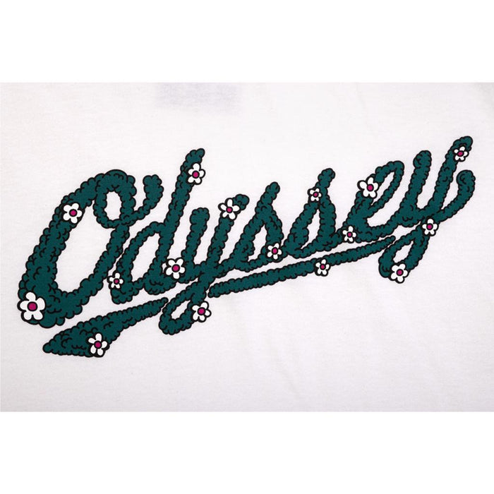 Odyssey" appears in green, textured cursive with white and red flowers on a white background, reflecting the vibrant vibe of our Odyssey Slugger Shrub T-Shirt from the Spring and Summer Collection.