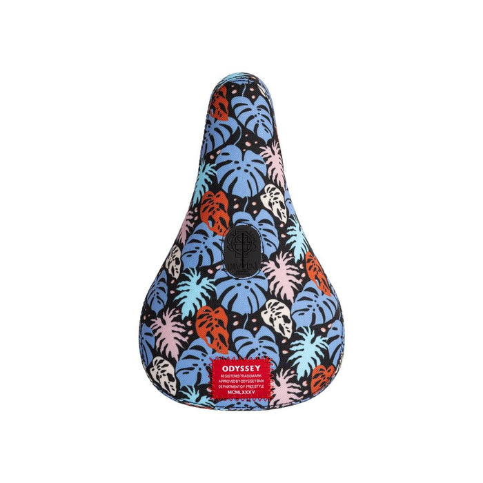 The Odyssey Tropical V1 Pivotal Seat features a vibrant blue, orange, and white tropical leaf pattern with sublimated artwork and a red Odyssey label on the front.