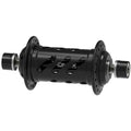 The Onyx BMX XL 100/10mm Bolt-on Helix Front Hub features a black anodized finish, cutout design, flanged ends, and labeled part numbers shown below; this fully rebuildable front hub delivers exceptional durability and top-tier performance.