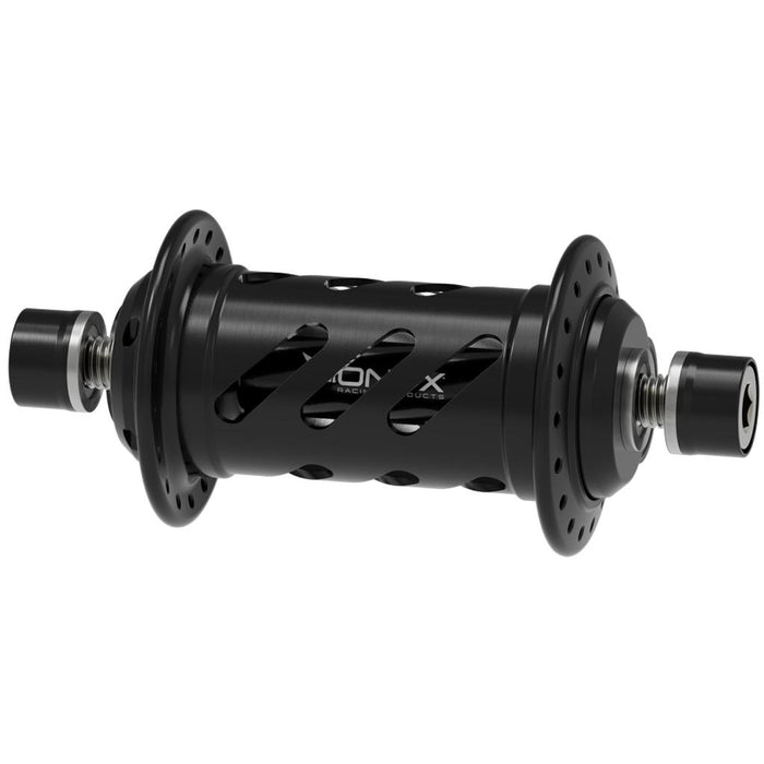 The Onyx BMX XL 100/10mm Bolt-on Helix Front Hub features a black anodized finish, cutout design, flanged ends, and labeled part numbers shown below; this fully rebuildable front hub delivers exceptional durability and top-tier performance.