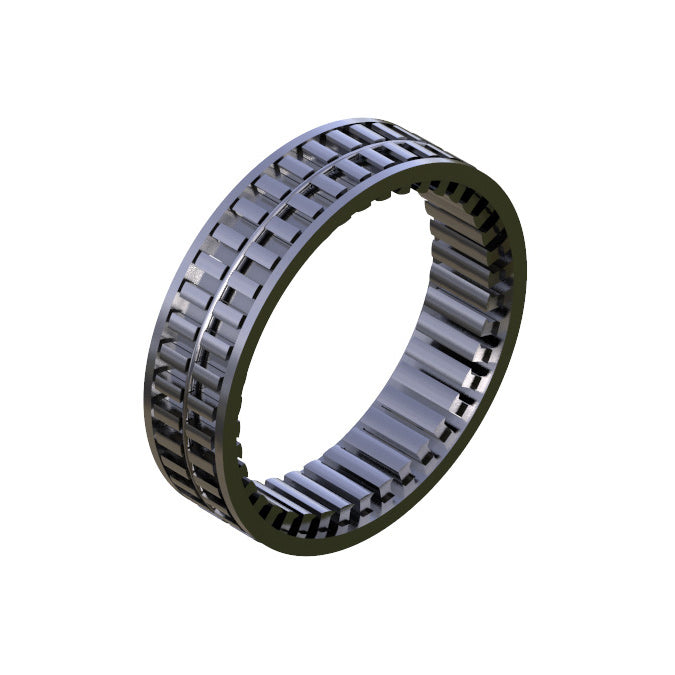 A computer-rendered image of a cylindrical, metallic Onyx Sprag Clutch with a grooved outer surface, numerous parallel slits, and an open center; this product meets the need for high precision without ripping under stress.