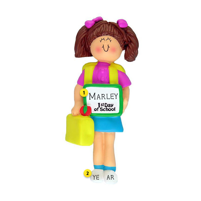 1st Day of School Ornament - White Female, Brown Hair for Christmas Tree