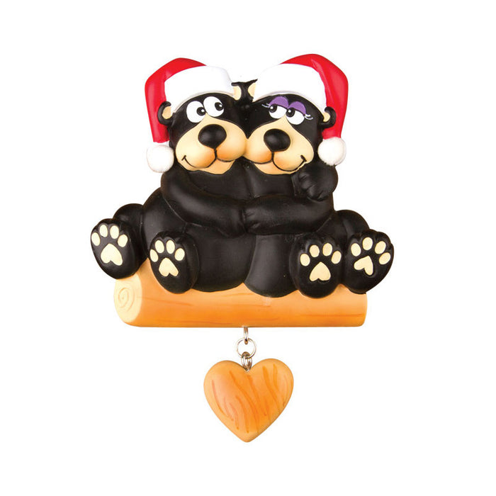 Black Bear Couple Sitting on a Log Ornament for Christmas Tree